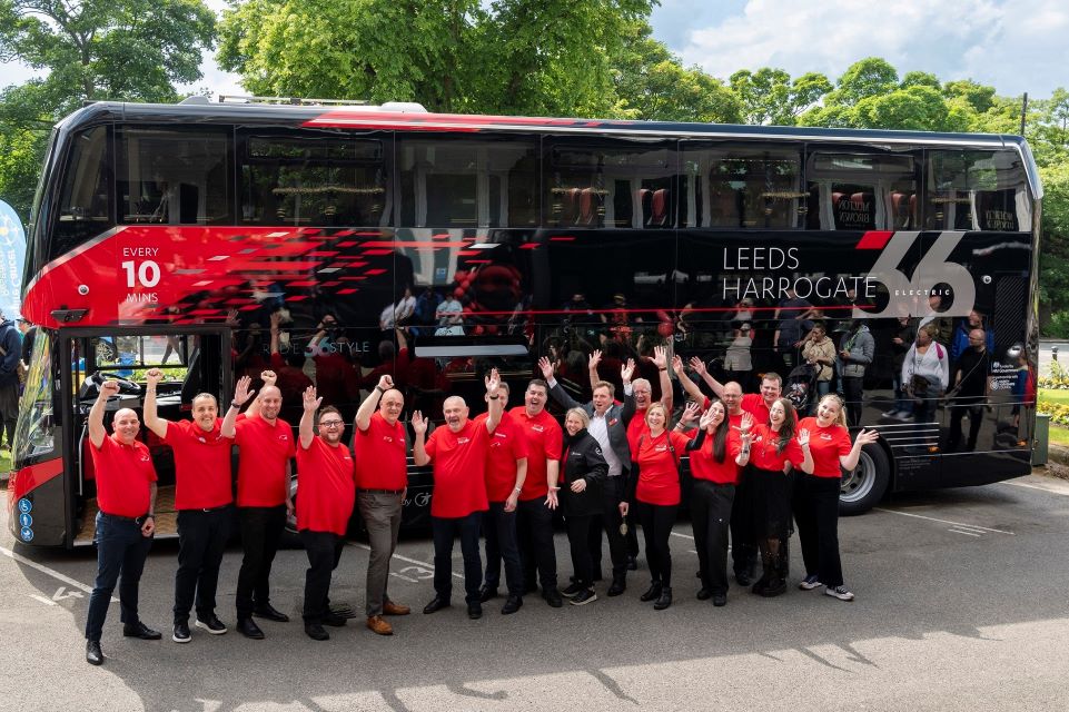 Leeds Harrogate New Electric Buses and Transdev Staff Waving