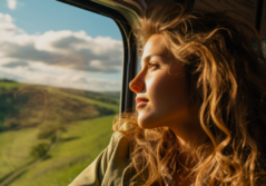 Jeune femme qui regarde par la fenêtre d'un train