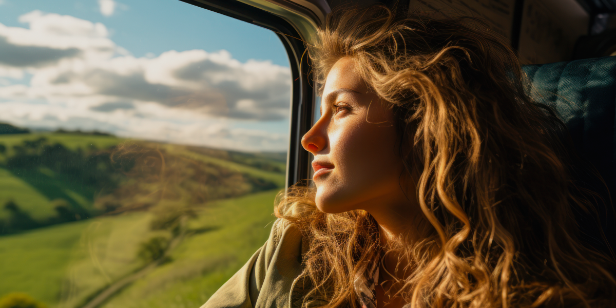 Jeune femme qui regarde par la fenêtre d'un train