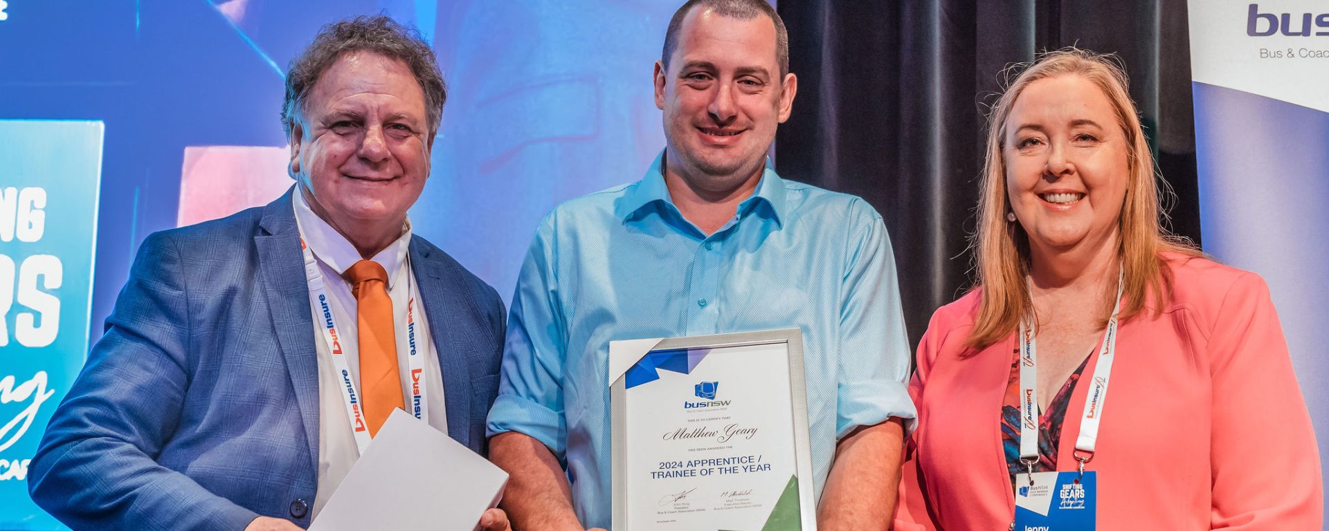 BusNSW President John King, Transdev John Holland trained apprentice Matthew Geary and NSW Minister for Regional Transport and Roads Jenny Aitchison