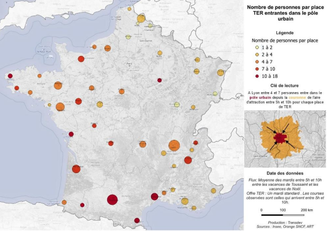 Carte nombre de personnes par place TER entrantes dans le pôle urbain